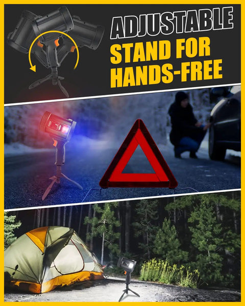 Beast Bright Handheld LED Spotlight 12000mAh Rechargeable in camping and roadside emergency with tripod stand.