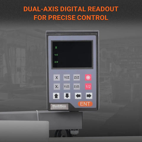 Dual-axis digital readout on 1.5 Inch Spindle Bore Metal Lathe With DRO, 8x16 Inch Benchtop Lathe, precise control feature.
