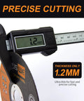 Digital caliper measuring thickness of ultra-thin Six Inch Ultra Thin Cut Off Wheels For Angle Grinder 0.045 Inch Thick Seven Eighths Inch Arbor Fast Burr Free Metal And Stainless Steel Cutting Discs 25 Pack