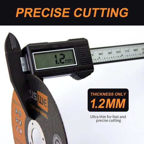 Digital caliper measuring thickness of ultra-thin Six Inch Ultra Thin Cut Off Wheels For Angle Grinder 0.045 Inch Thick Seven Eighths Inch Arbor Fast Burr Free Metal And Stainless Steel Cutting Discs 25 Pack