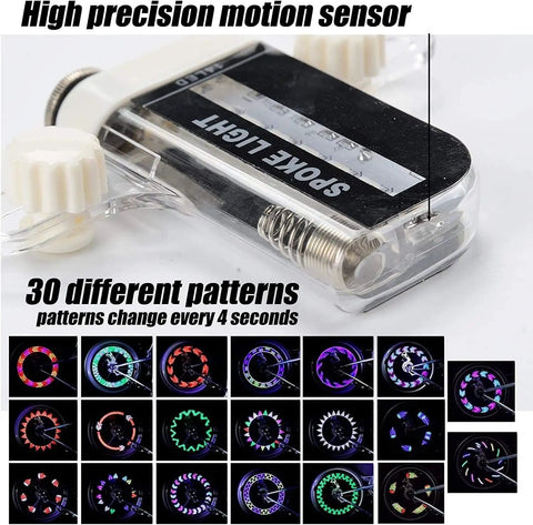Close-up of waterproof LED bike wheel spoke light with motion sensor, 30 colorful patterns displayed, part of 2 Pack Waterproof LED Bike Wheel Spoke Lights For Night Rides With 30 Pattern Modes Durable Bike Accessories Easy Install Lit Colorful Patterns That Spark As You Speed Up Great Gift For Adults And Kids