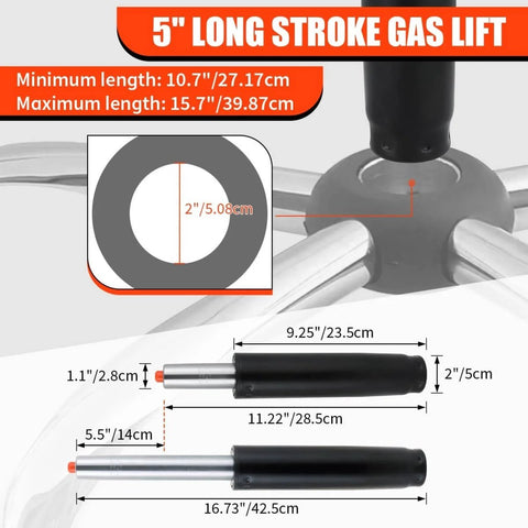 Diagram of Heavy Duty Gas Lift Cylinder Replacement For Office And Gaming Chairs, showing 5.5 inch stroke and dimensions.