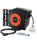 Heavy Duty 50 Ft Retractable Extension Cord Reel With 3 Grounded Outlets Lit Triple Tap 13 Amp Circuit Breaker 14AWG SJTOW