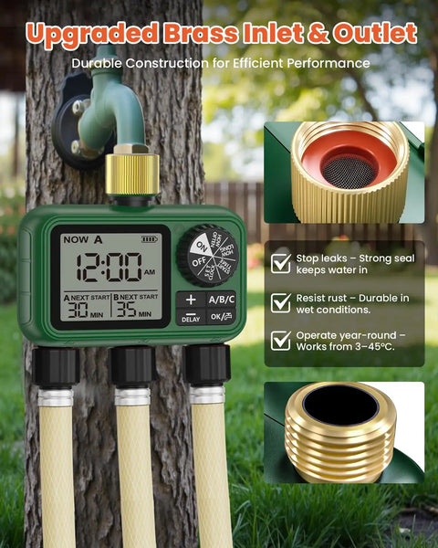 Outdoor Garden Water Timer For Hose With Auto Manual And Rain Delay Modes All In One 3 Zone Sprinkler Irrigation Controller With Brass Inlet And Outlet For Yard And Lawn Easy To Program And Flexible