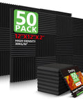 50 Pack High Density Acoustic Foam Panels 2x12x12 Inches Soundproof Wedges For Studio And Home Office shown in packaging