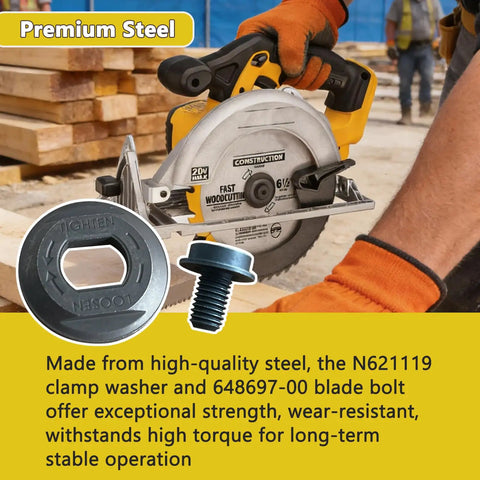 Circular Saw Outer Flange And Blade Clamp Bolt Replacement Kit Fits DCS367 DCS372 shown with saw and steel components