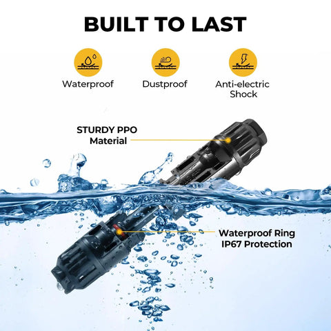 IP67-rated connector from Solar Crimping Tool Kit For DIY PV Installations With 12 Connector Pairs, 2 Spanner Wrenches, And 14-10 AWG Cable Crimping submerged in water.
