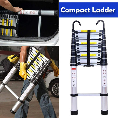 Telescoping Aluminum Ladder 20.3Ft Extension With Detachable Hooks EN131 Standard 330 Lb Load Capacity Adjustable Height In 15.7 Inch Increments Lightweight Built Like a Beast Portable Home Use Step Ladder For Ceiling Lights Painting And Hanging Decor, compact ladder folded with hooks