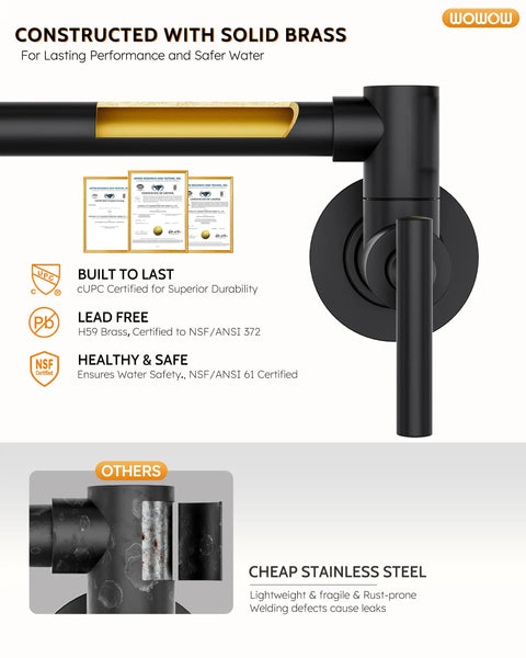 Slick Matte Black Brass Pot Filler Faucet Rock Solid Wall Mount Kitchen Cooktop Tap showing solid brass construction and safety certifications.
