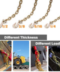 Beefed Up Heavy Duty G80 Transport Binder Chain With Clevis Grab Hooks Five Sixteenth Inch To Three Eighths Inch Ten Foot Tow Chain 4900 Lbs Working Load Limit Great For Logging And Recovery Jobs, shown with different chain sizes and loads.