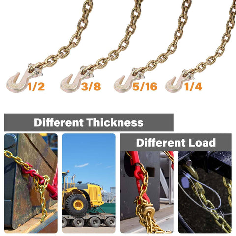 Beefed Up Heavy Duty G80 Transport Binder Chain With Clevis Grab Hooks Five Sixteenth Inch To Three Eighths Inch Ten Foot Tow Chain 4900 Lbs Working Load Limit Great For Logging And Recovery Jobs, shown with different chain sizes and loads.