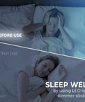 Woman sleeping peacefully using LED Dimming Stickers for Sleep Friendly Light Reduction, Adhesive Light Filters on electronics.
