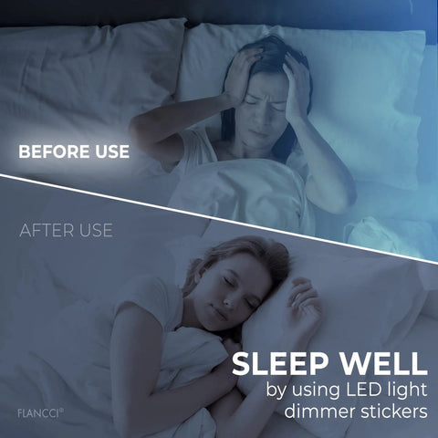Woman sleeping peacefully using LED Dimming Stickers for Sleep Friendly Light Reduction, Adhesive Light Filters on electronics.