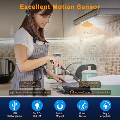 Woman cooking under cabinet with Under Cabinet Light Kit With 80 LED Wireless Puck Lights Dimmable 3000mAh Battery Motion And Night Sensor.