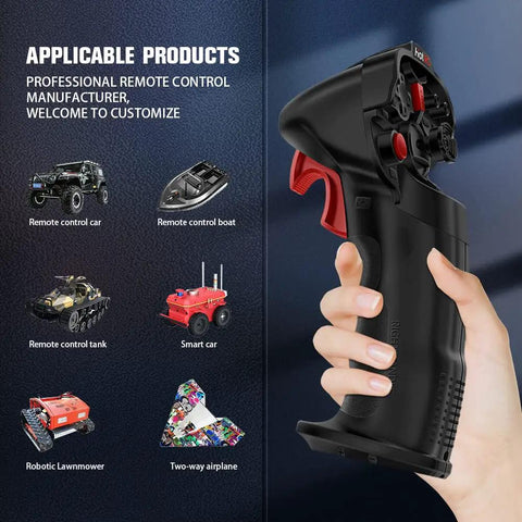 One-Handed RC Radio Transmitter With 4 Channel Receiver 2.4GHz Remote for cars boats drones ergonomic grip shown in hand