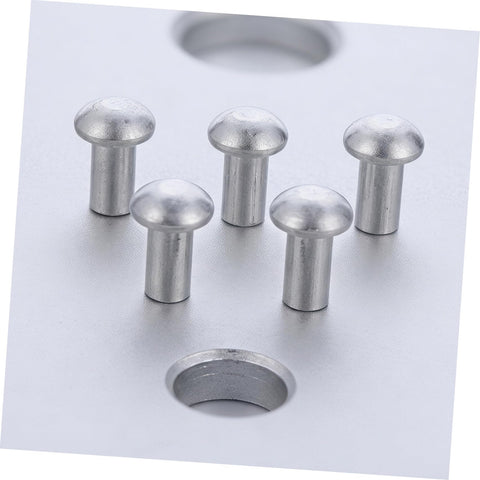 200 Pcs Solid Aluminum Dome Head Rivets M5x10 for DIY Projects and Workshop Builds, showing five rivets on a metal surface.