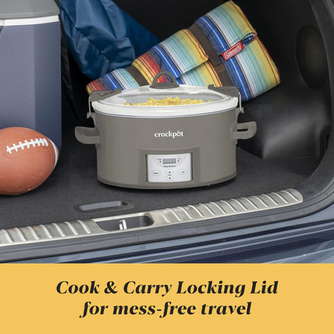 Heavy Duty 7 Quart Programmable Slow Cooker With Secure Locking Lid And Bright Digital Screen Cook And Carry Electric Pot in a car trunk.