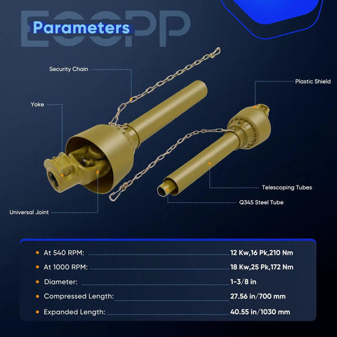 Beefed Up Pto Shaft Spanning 27.5 To 40.55 Inches With 6x6 Spline Ends, featuring universal joint and security chain.