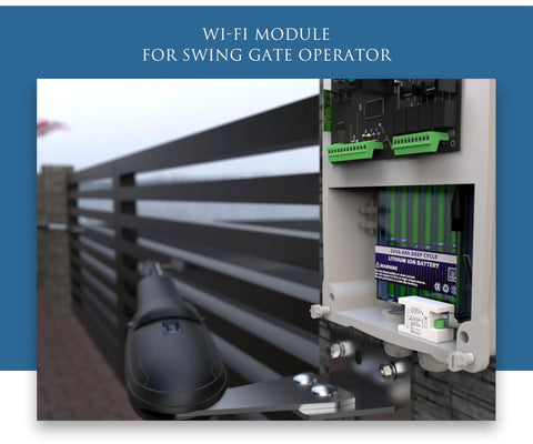 Close-up of Hassle Free Smart Wifi Module For MS Series Swing Gate Openers EweLink App Control installed in gate operator.