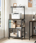 Rustic Brown And Black Bakers Rack With Storage And Microwave Stand, Paper Holder, Power Outlet, Coffee Bar Station, Six Hooks