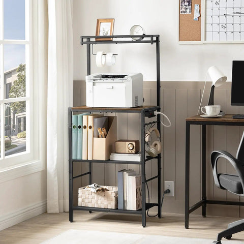 Rustic Brown And Black Bakers Rack With Storage And Microwave Stand, Paper Holder, Power Outlet, Coffee Bar Station, Six Hooks