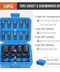 Heavy Duty 24pc Torx And E-Torx Socket Set With 1 4 Inch 3 8 Inch And 1 2 Inch Drive Sizes Including Female Star Bits For Impact Guns To Crush Rusty Bolts Without Breaking A Sweat. Blue case with 24 chrome vanadium Torx and E-Torx bits