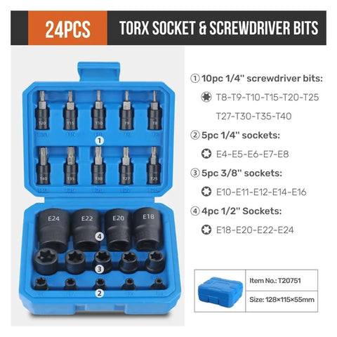 Heavy Duty 24pc Torx And E-Torx Socket Set With 1 4 Inch 3 8 Inch And 1 2 Inch Drive Sizes Including Female Star Bits For Impact Guns To Crush Rusty Bolts Without Breaking A Sweat. Blue case with 24 chrome vanadium Torx and E-Torx bits