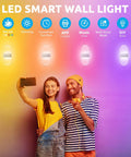 Couple with RGB LED Wall Sconce Lights With Stepless Dimming And Bluetooth Control, displaying color modes in background.