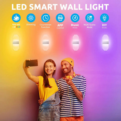Couple with RGB LED Wall Sconce Lights With Stepless Dimming And Bluetooth Control, displaying color modes in background.