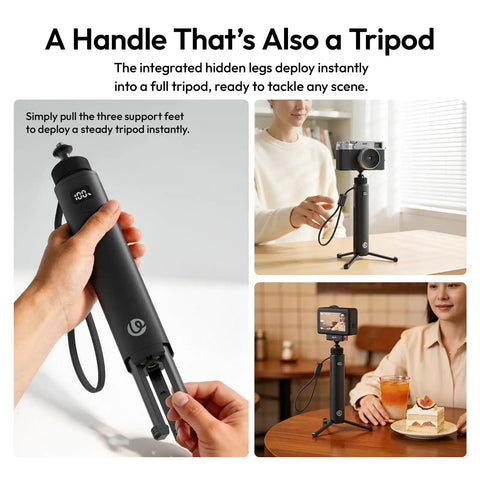 Person holding 10000mAh Battery Grip For Cameras With Hidden 360 Degree Tripod Base, Real Time Backlit LCD Display, Universal Quarter Inch Mount