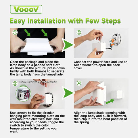 VOOOV 7.9 Inch White LED Wall Sconce Includes 5CCT Dimmable Lighting installation steps on a soft cloth with hands.
