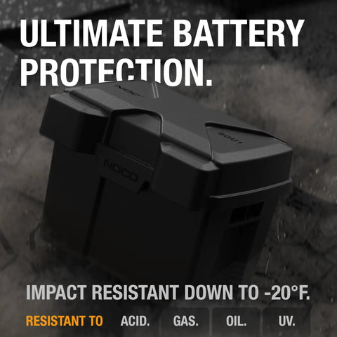 Kickin Dust Snap Top Battery Box For Group U1 12V shown in rugged black design for outdoor battery protection against elements.