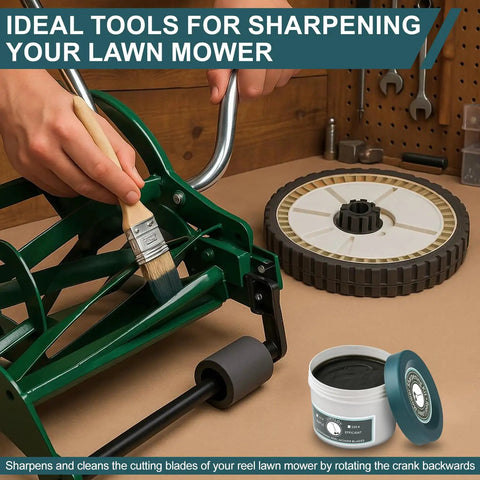 2 Pack Reel Lawn Mower Sharpening Kit With 80 Grit And 120 Grit For DIY Backlapping And Maintenance Includes 350 Grams Backlapping Compound For Budget Friendly Sharpening And Smoother Cut, reel mower parts on workbench