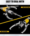 Badass Heavy Duty Hydraulic Gear Puller And Wheel Bearing Separator With Adjustable Tri Jaw Swivel Pump Head For Extracting Hubs Flanges And Stubborn Bearings Straight Up Garage Workhorse 30 Ton Force 400 Millimeter Reach shown in three-catch and two-catch modes.