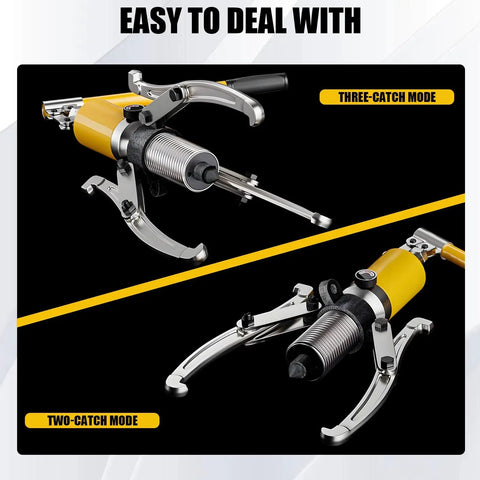 Badass Heavy Duty Hydraulic Gear Puller And Wheel Bearing Separator With Adjustable Tri Jaw Swivel Pump Head For Extracting Hubs Flanges And Stubborn Bearings Straight Up Garage Workhorse 30 Ton Force 400 Millimeter Reach shown in three-catch and two-catch modes.