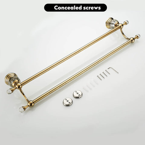 Crystal Double Towel Holder With Adjustable Gold Towel Bar From 18.66 To 30.51 Inches, Lux Crystal End Caps, Wall Mounted, Polished Gold
