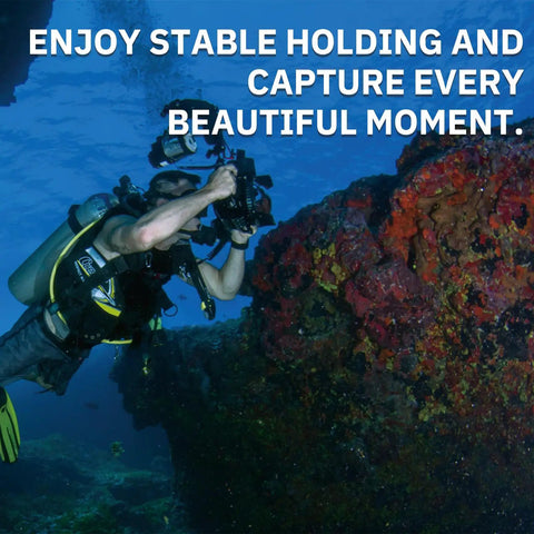 Diver using Beefy Dual Handle Underwater Camera Tray Bracket with Standard Quarter Inch 20 Thumb Screws by coral reef