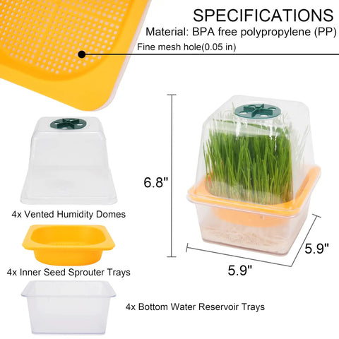 4 Pack Microgreen Sprouting Trays Kit With Humidity Domes, 5.9 Inch Square Grow Trays, 1.2mm Mesh Holes, BPA Free Sprouter Set