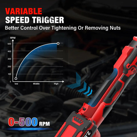 Three Eighths Inch Cordless Ratchet Wrench Set With Brushless Motor Delivers 88 Ft Lbs Torque At 500 RPM On A 20V Battery A Powerhouse For Pros And DIY Easy One Hand Operation And Quick Socket Changes, variable speed trigger graphic