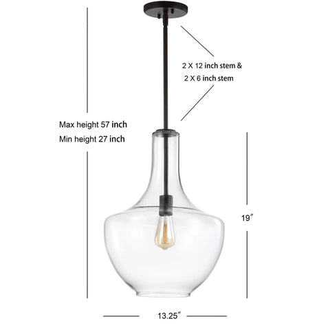 Oil Rubbed Bronze 13.25 Inch Mid Century Modern One Light LED Pendant Light Fixture With Clear Glass Shade, Adjustable Height