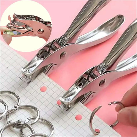 Metal Handheld Hole Puncher With 3Mm And 6Mm Circular Holes, punches A4 paper, shown with binder rings, steel build tool for office