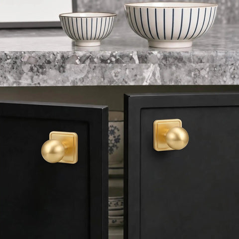 Slick Gold Zinc Alloy Cabinet Knobs With Premium Square Backplate And 1 Inch Round Ball Pulls For Kitchen Drawers Dressers Wardrobes Top Shelf Cupboard Furniture Hardware on black cabinets.