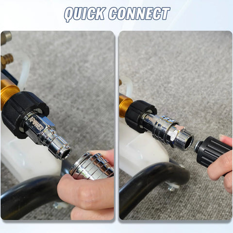APOWER stainless steel pressure washer quick-connect kit; M22-14mm to 3/8in fittings, 9 pcs, front and side views