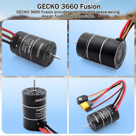 Close-up of Gecko 3660 Fusion motor showing integrated sleek design for hobby enthusiasts with wiring and connectors.