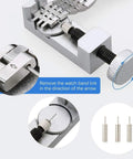Close-up of 6-Piece Watch Band Link Remover Tool Kit With Spring Bar Tool And Replacement Pins for metal watch bands