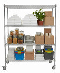 Organized Beefy 5 Tier Wire Shelving Unit With Brake Wheels And Waterproof Colorful Shelf Liners Heavy Duty Storage Rack Holds Up To 1500 Lbs Per Shelf 7500 Lbs Total Moisture Resistant Easy Roll Mobility showcasing storage boxes, jars, towels, and plant