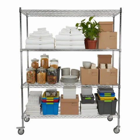 Organized Beefy 5 Tier Wire Shelving Unit With Brake Wheels And Waterproof Colorful Shelf Liners Heavy Duty Storage Rack Holds Up To 1500 Lbs Per Shelf 7500 Lbs Total Moisture Resistant Easy Roll Mobility showcasing storage boxes, jars, towels, and plant