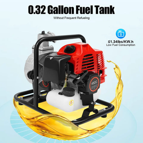 Top Shelf Gas Powered Water Pump With Smooth Quick Pull Start And Serious Flow Power For Backyard Cleanup Pool Draining And Yard Irrigation Includes Free Oil Funnel Filter Kit with 0.32 gallon fuel tank.