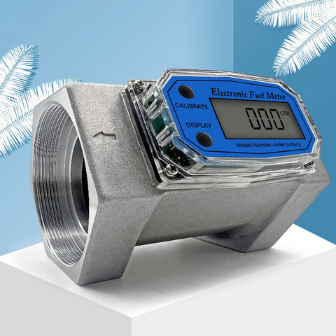 Liquid Flow Meter Turbine Sensor With LCD Display For Diesel Fuel Urea Water 1 Inch To 3 Inch Inline Flow Meter Battery Operated Not Included High Accuracy One Percent Ideal For Industrial Auto Diy Projects Workhorse close-up showing LCD screen and metal body