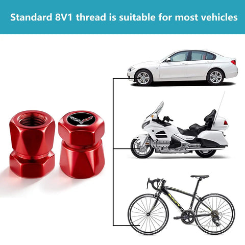 Red Tire Valve Stem Caps 4 Pack Dope Die Cast Aluminum With O Ring Seal Rust Resistant Chrome Electroplated Finish beside vehicles